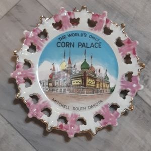 South Dakota Souvenir Dish CORN PALACE gold Accents Scalloped Rim Pink White